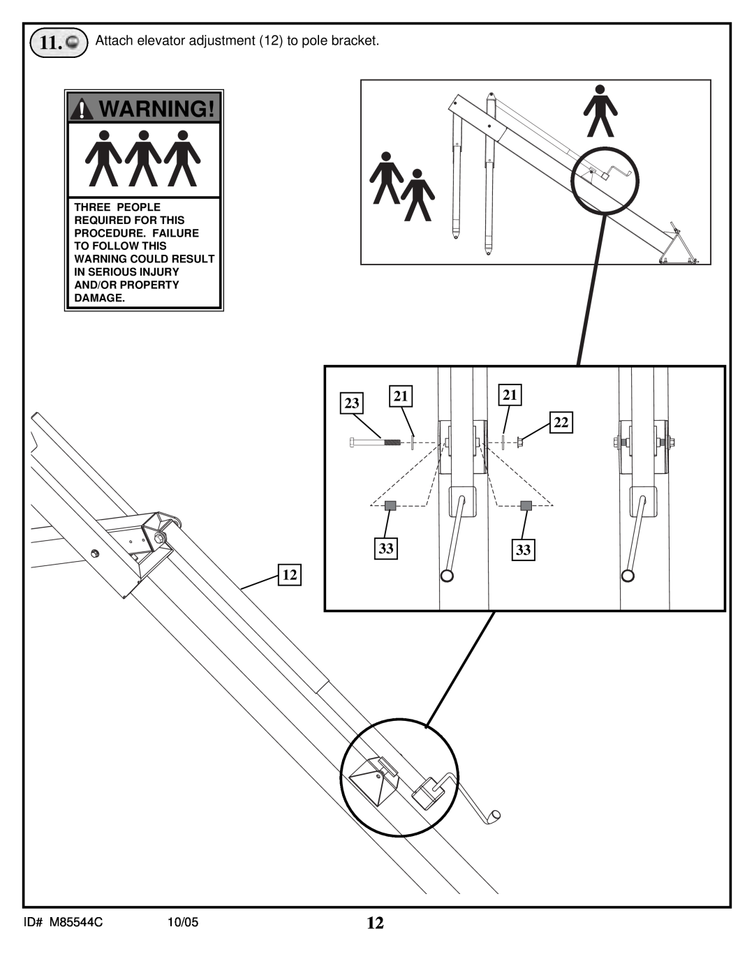 Spalding manual Attach elevator adjustment 12 to pole bracket, ID# M85544C, 10/05 