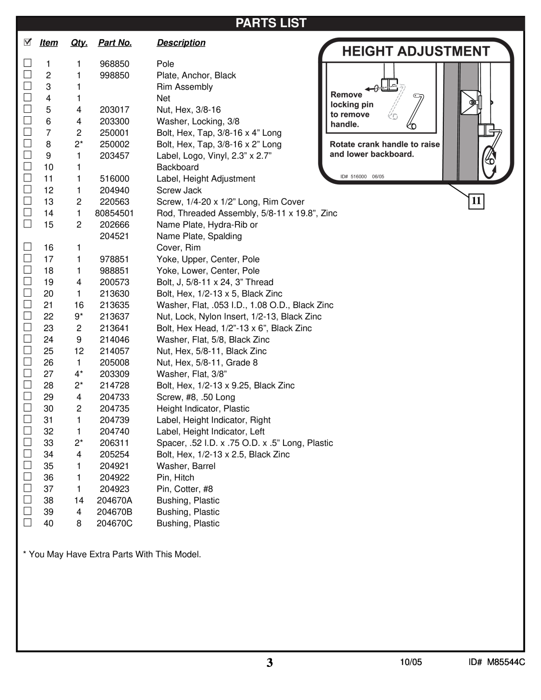 Spalding M85544C manual Parts List, Description 