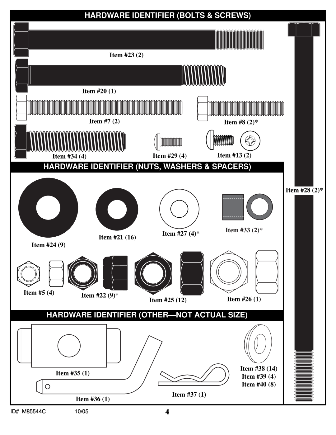 Spalding M85544C manual Hardware Identifier Bolts & Screws, Hardware Identifier Nuts, Washers & Spacers 