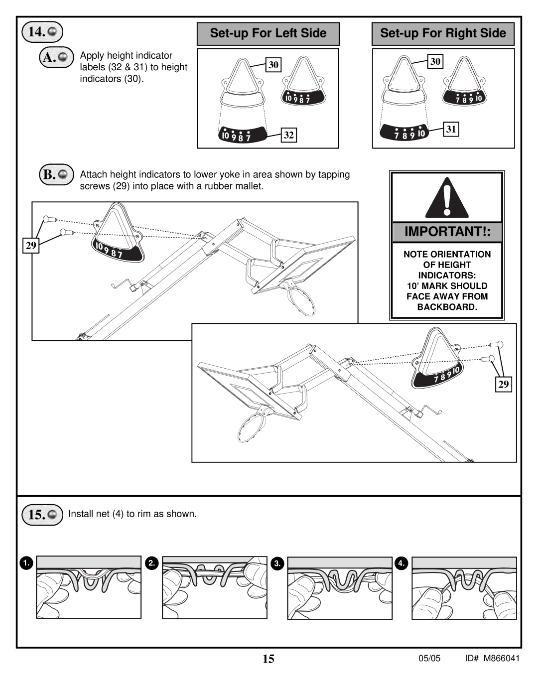 Spalding M866041 Apply height indicator labels 32 & 31 to height indicators, Screws 29 into place with a rubber mallet 