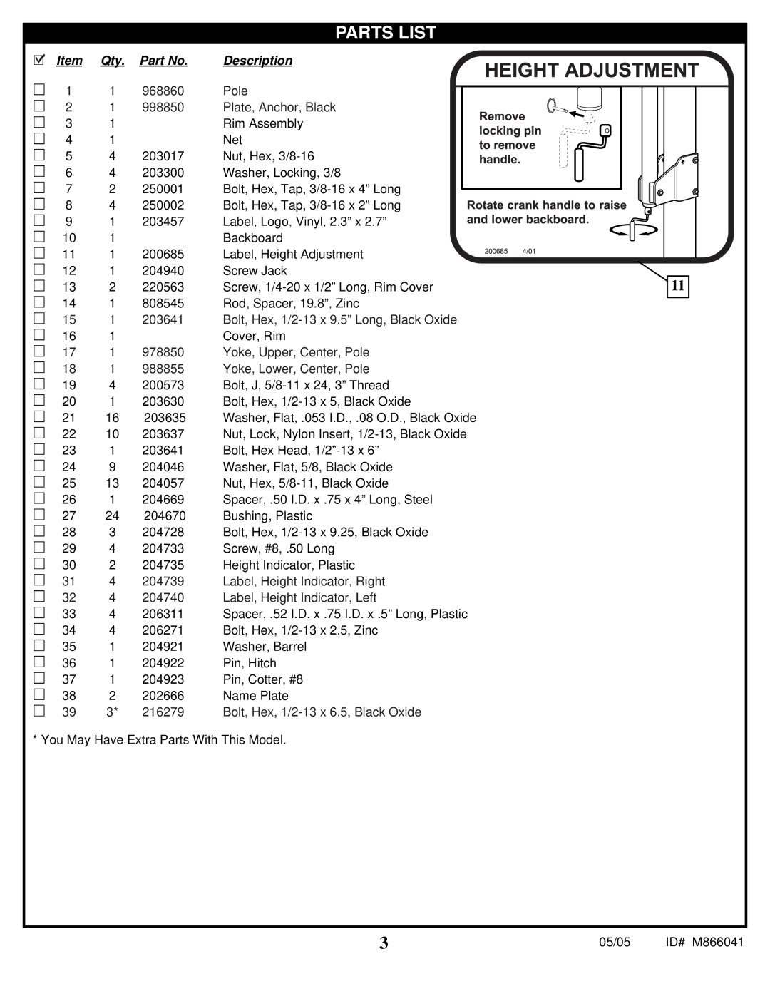 Spalding M866041 manual Parts List 