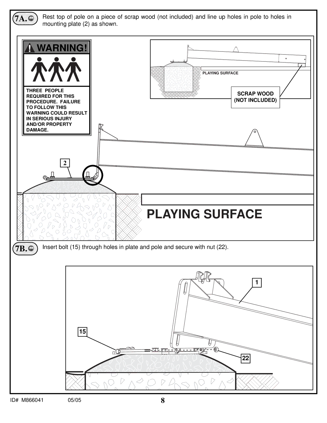 Spalding M866041 manual Playing Surface, Mounting plate 2 as shown 