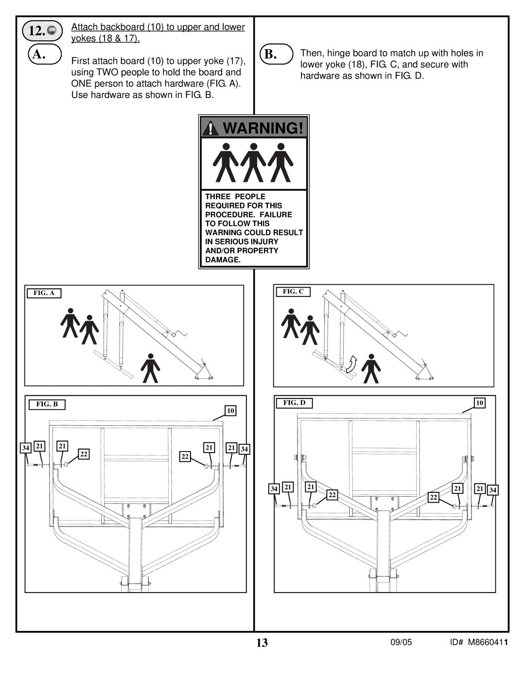 Spalding M8660411 manual Attach backboard 10 to upper and lower, Yokes 18, First attach board 10 to upper yoke 