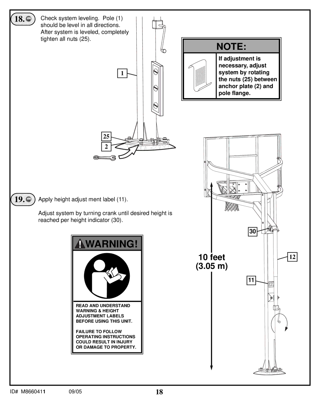 Spalding M8660411 manual Check system leveling. Pole, Should be level in all directions 