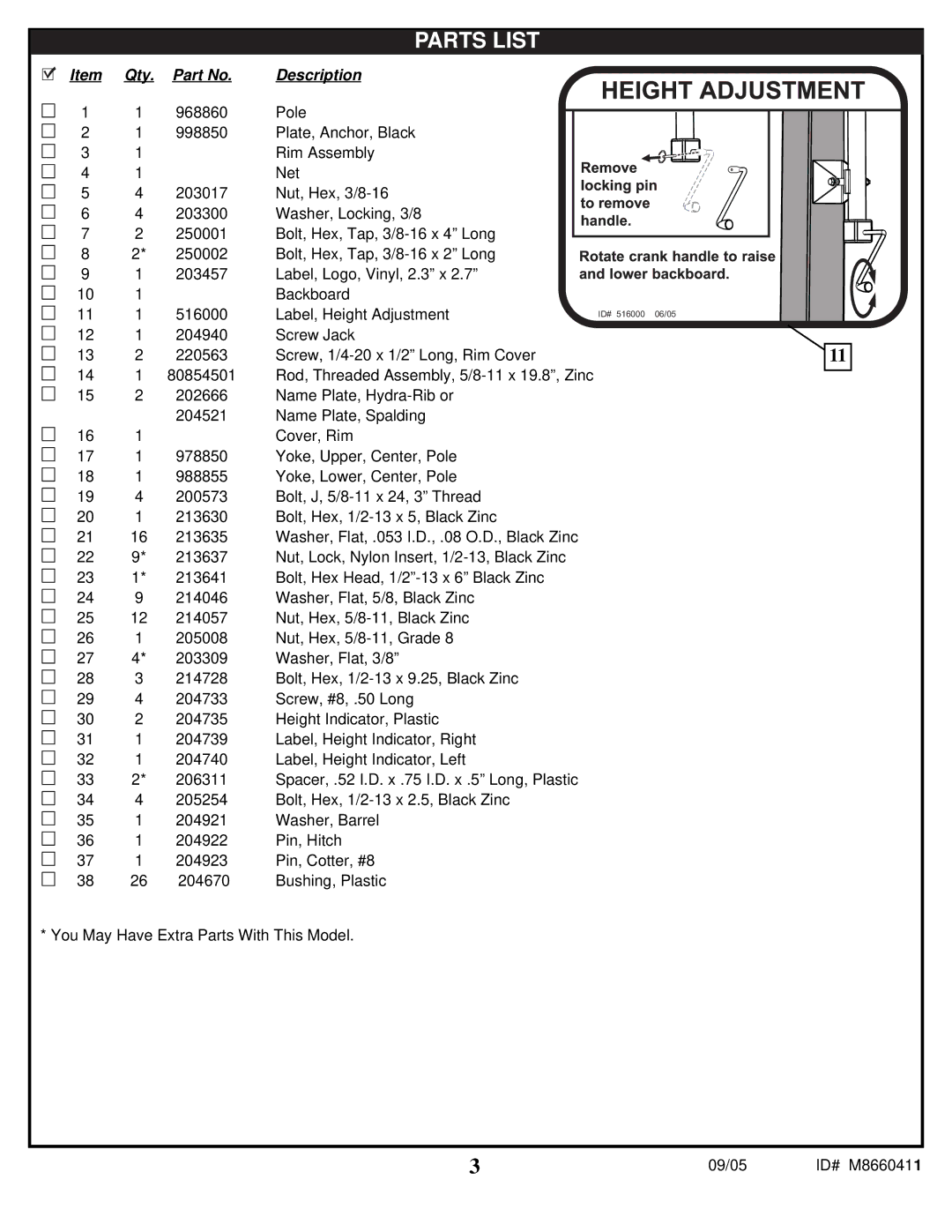 Spalding M8660411 manual Parts List 