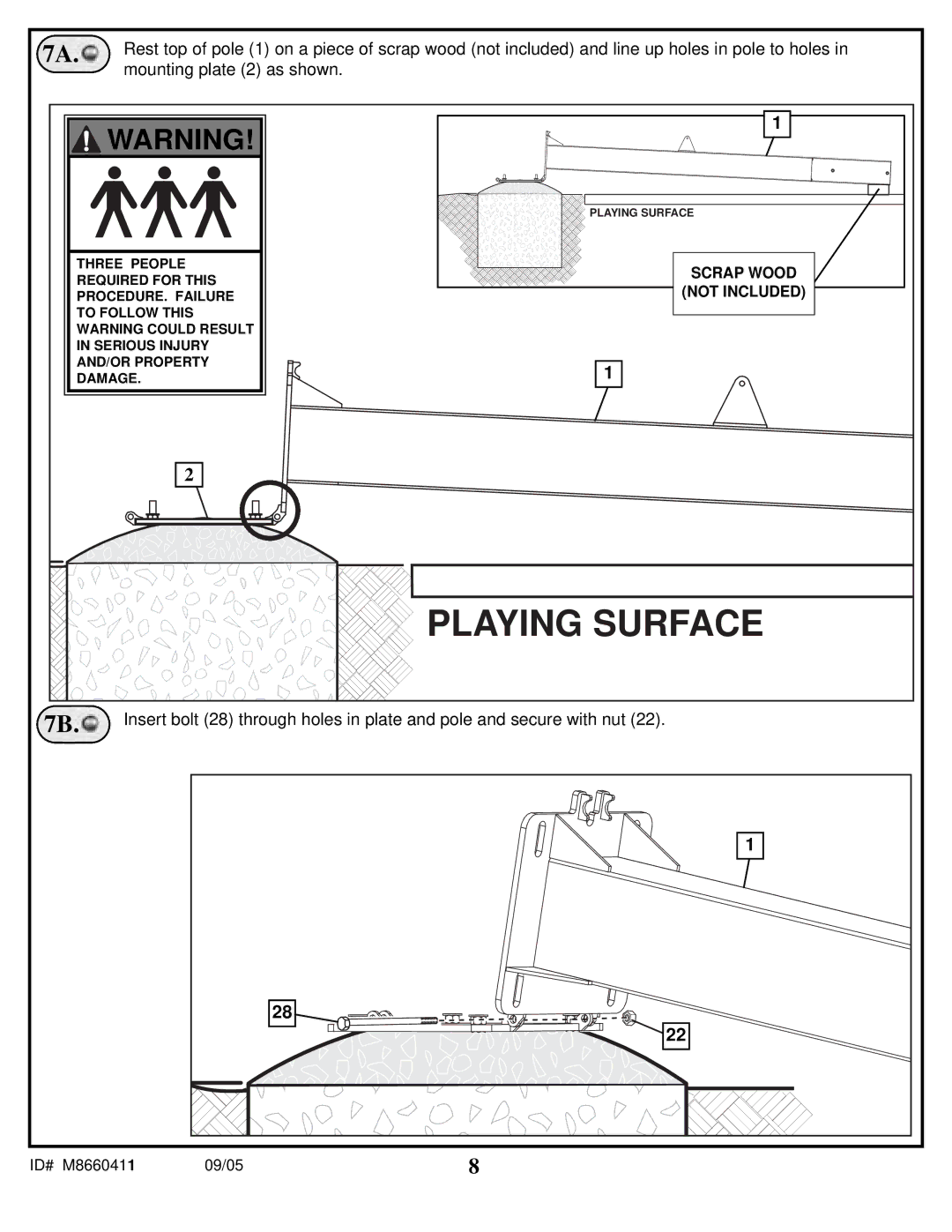 Spalding M8660411 manual Playing Surface, Mounting plate 2 as shown 