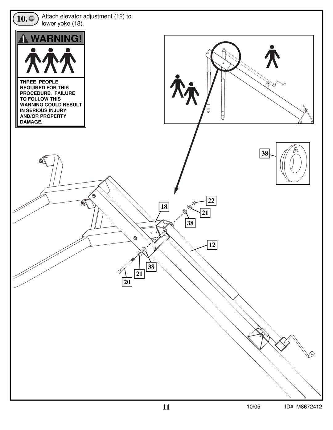 Spalding M8672412 manual Attach elevator adjustment 12 to, Lower yoke 