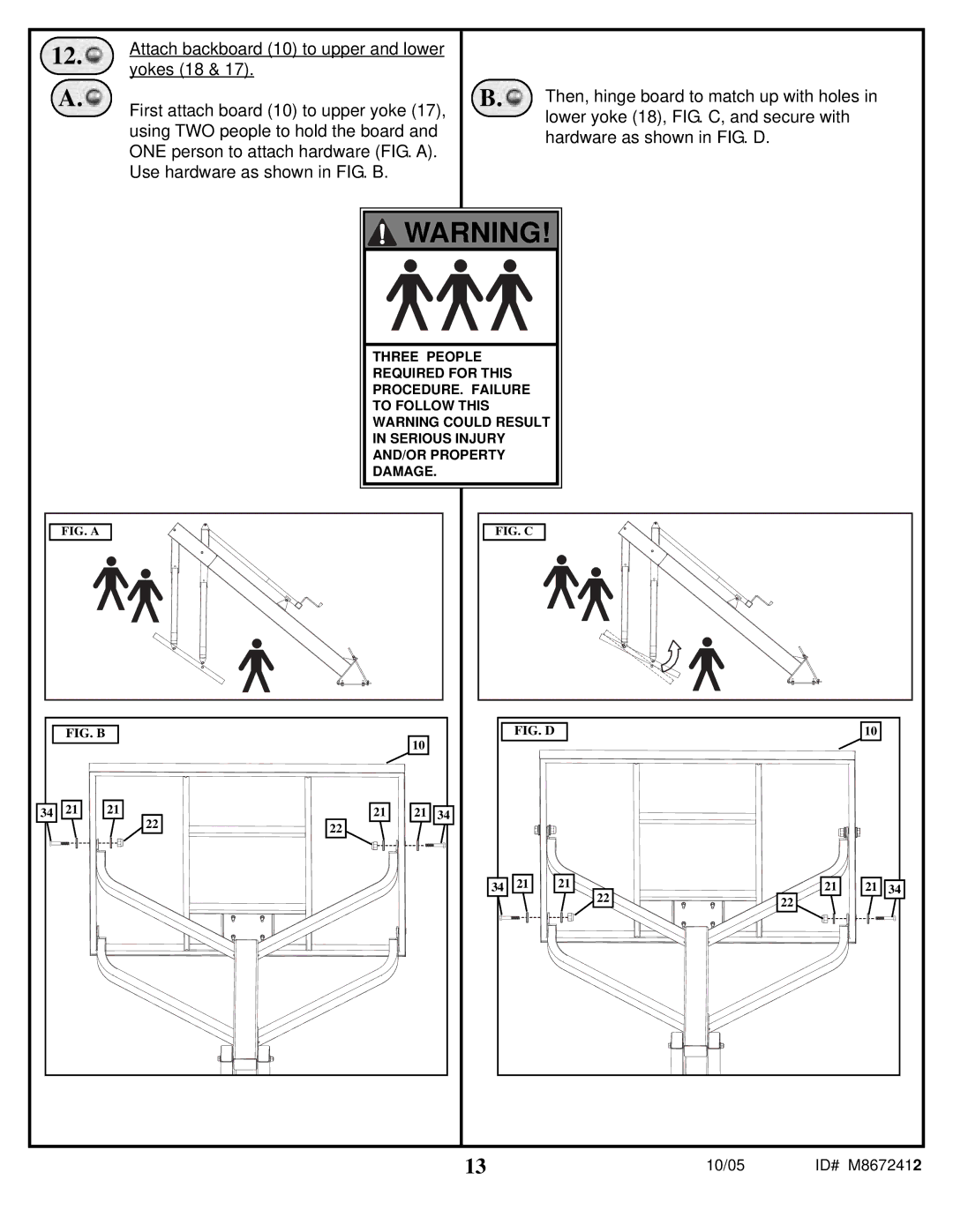 Spalding M8672412 manual Attach backboard 10 to upper and lower, Yokes 18, First attach board 10 to upper yoke 