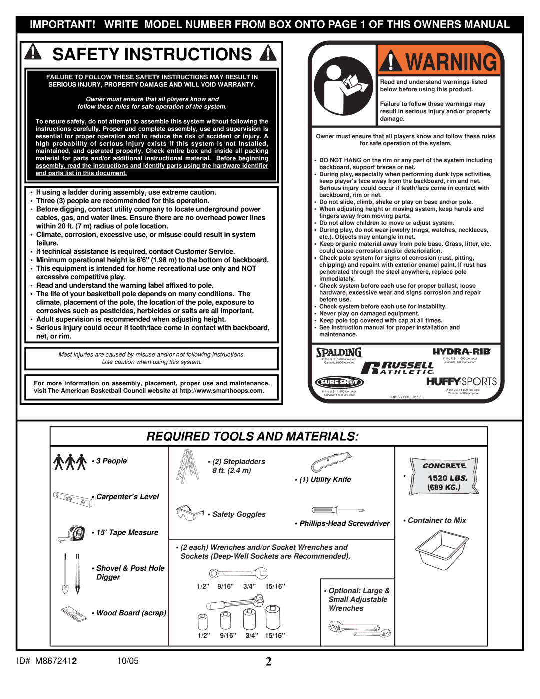 Spalding M8672412 manual Safety Instructions 