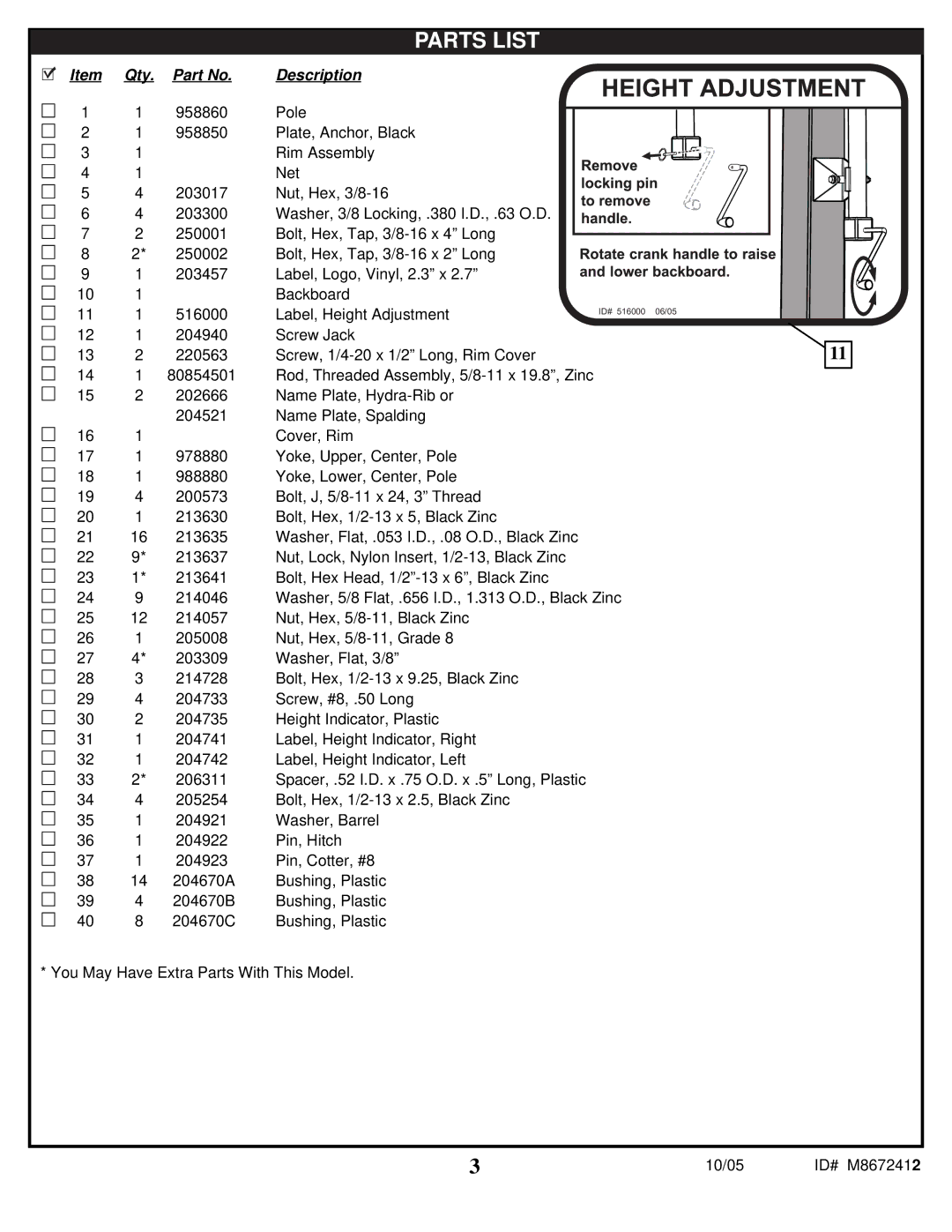 Spalding M8672412 manual Parts List 