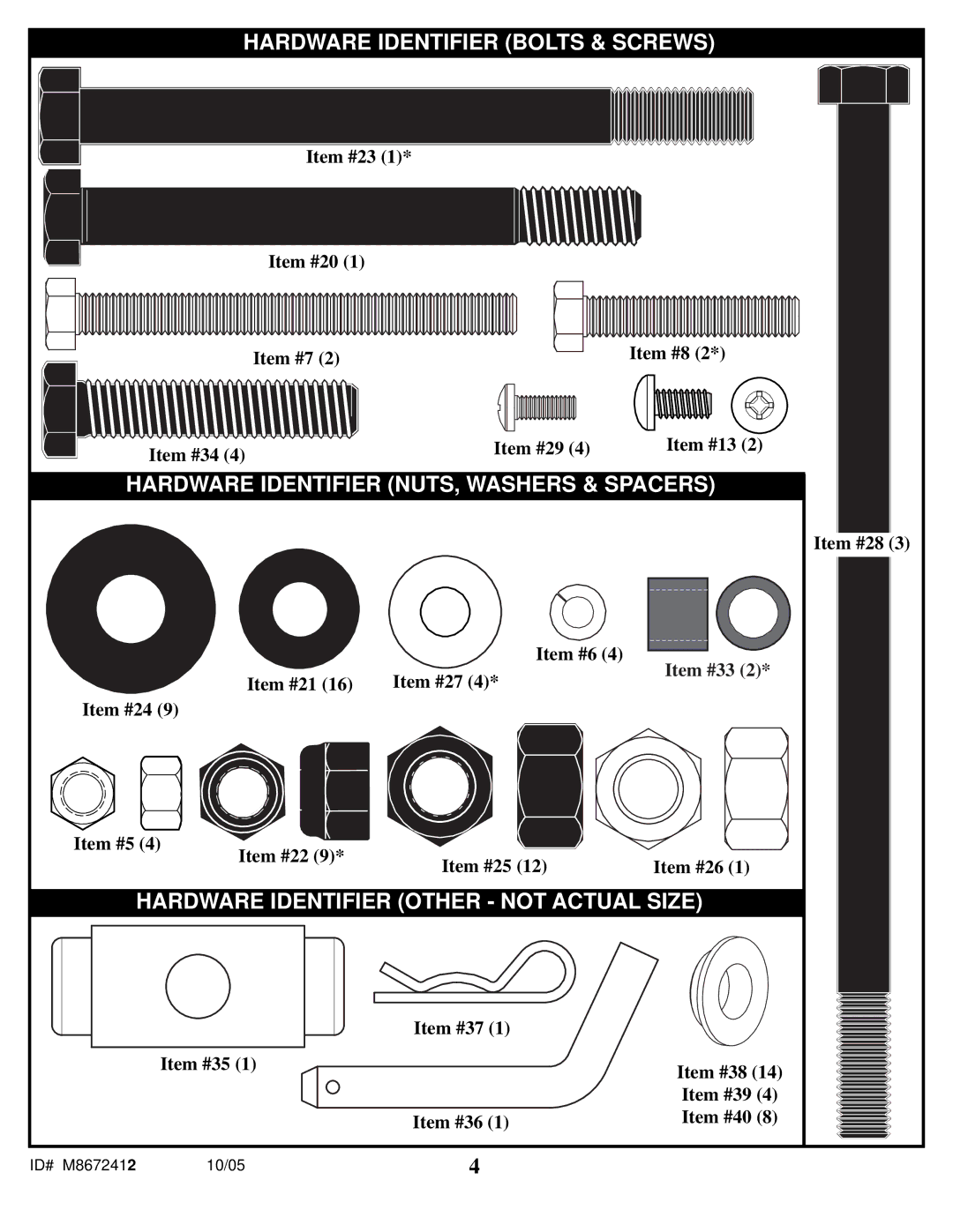 Spalding M8672412 manual Hardware Identifier Bolts & Screws 