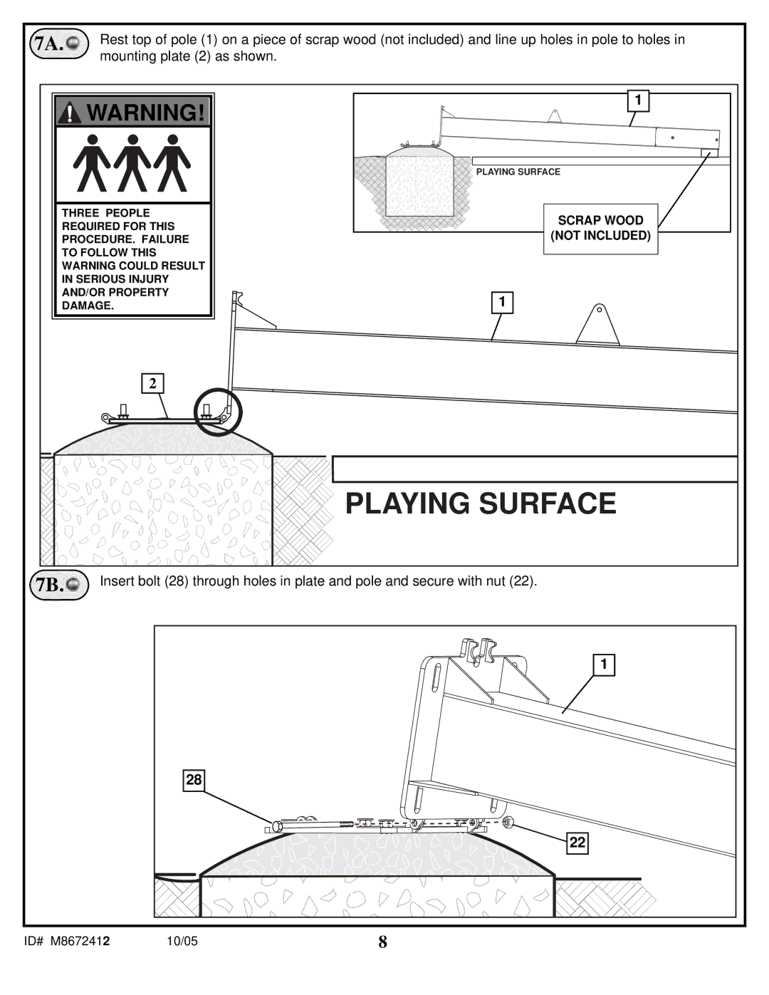 Spalding M8672412 manual Playing Surface, Mounting plate 2 as shown 