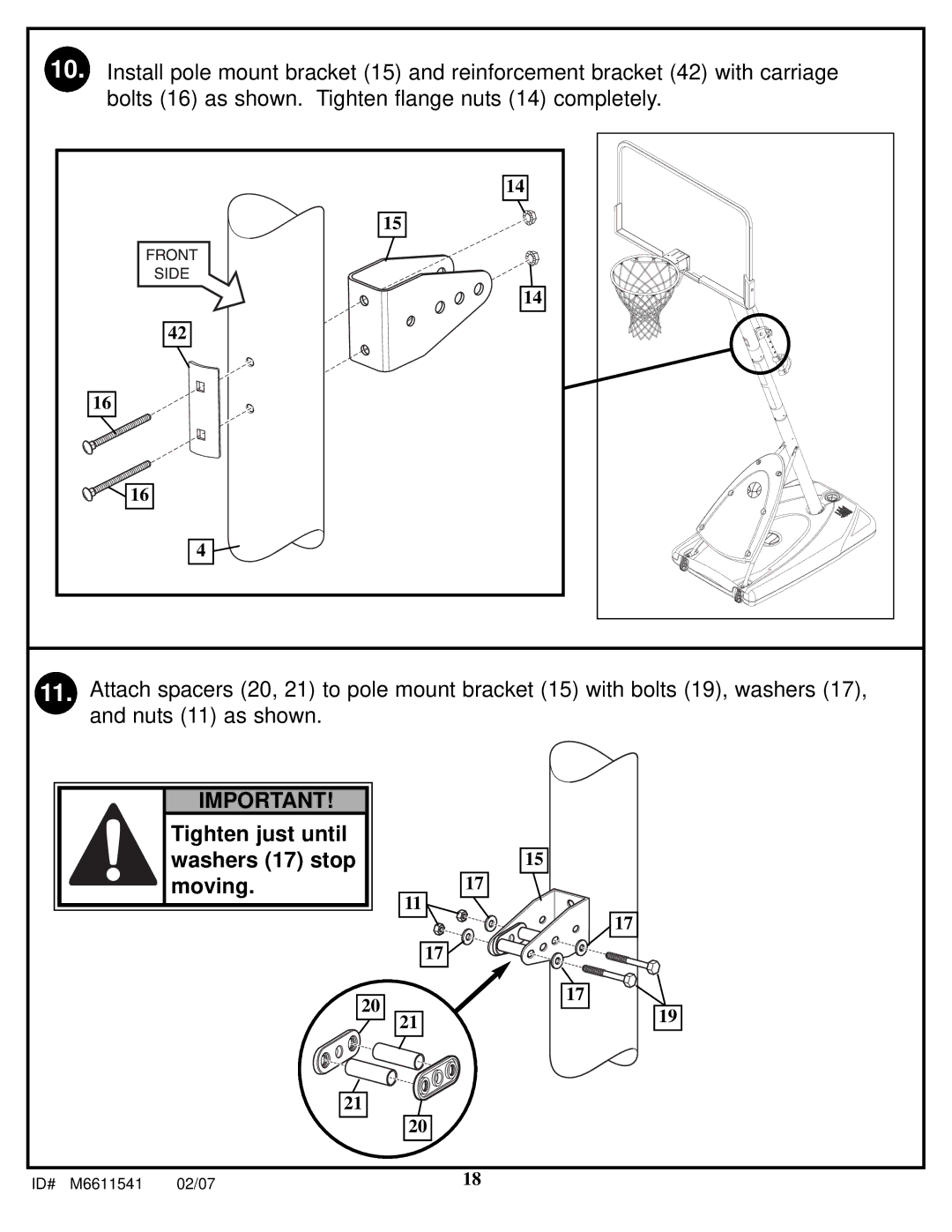 Spalding M86724C manual Tighten just until washers 17 stop moving 