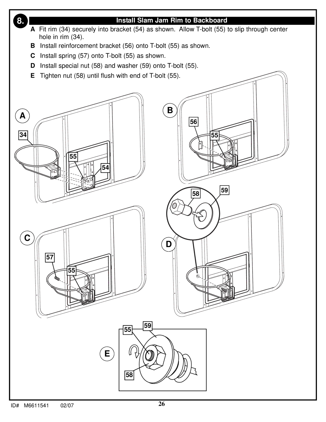 Spalding M86724C manual Install Slam Jam Rim to Backboard 