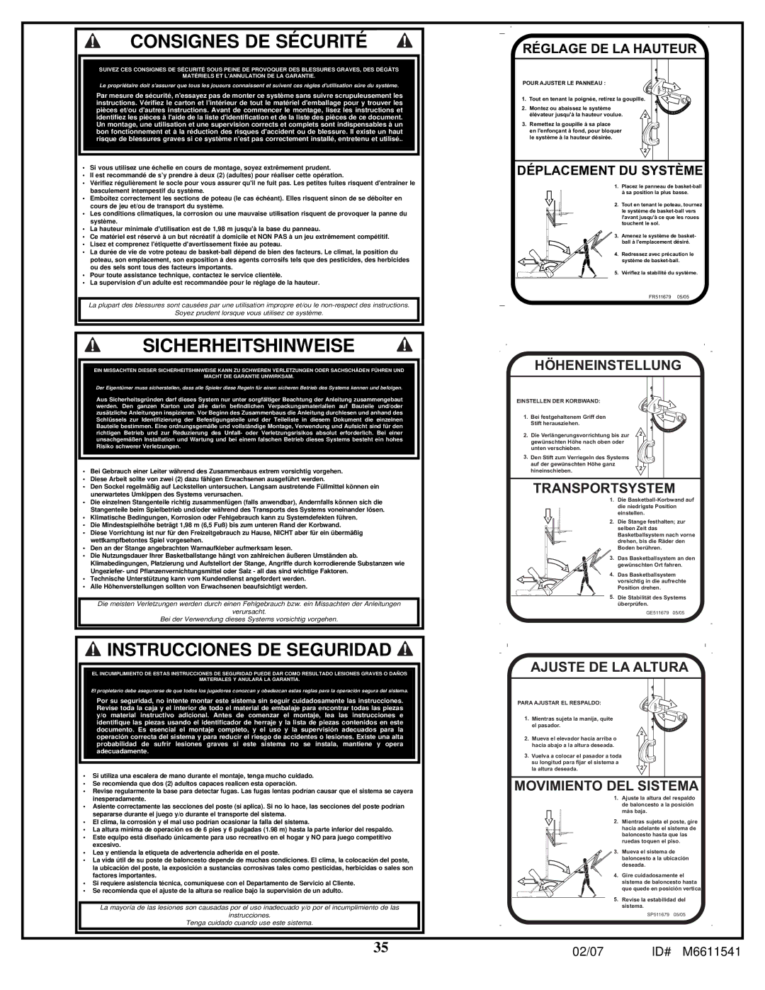 Spalding M86724C manual Consignes DE Sécurité 