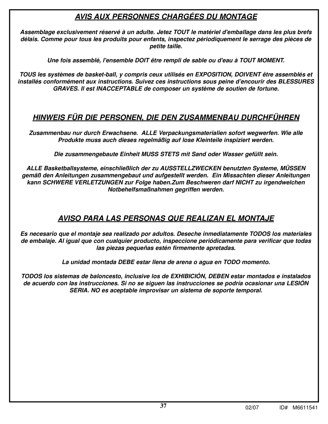 Spalding M86724C manual Avis AUX Personnes Chargées DU Montage 