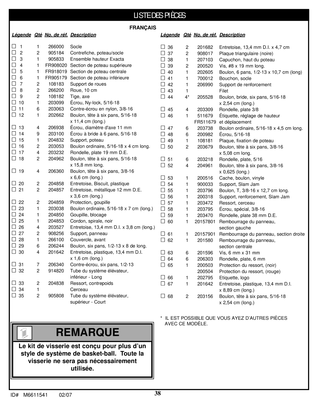 Spalding M86724C manual Remarque 