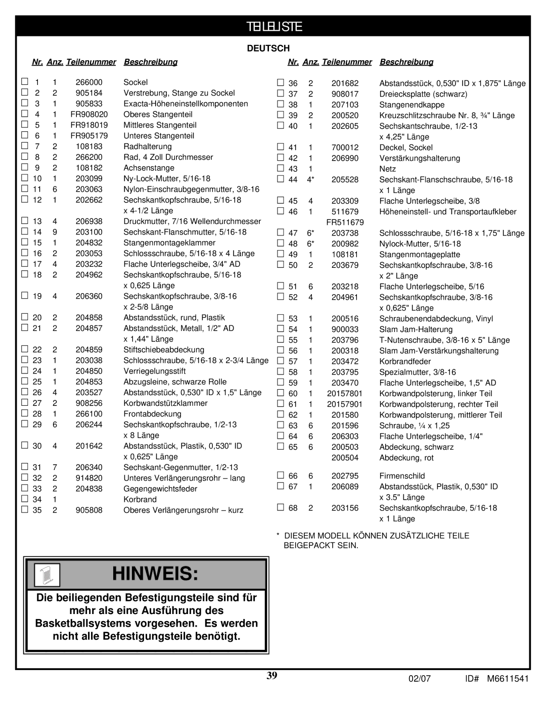 Spalding M86724C manual Hinweis 