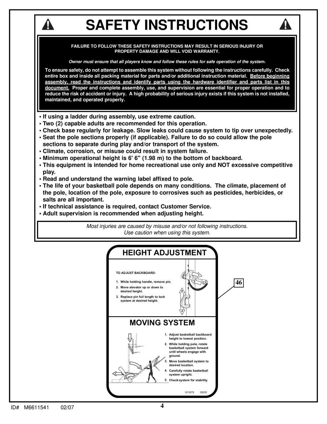 Spalding M86724C manual Safety Instructions 