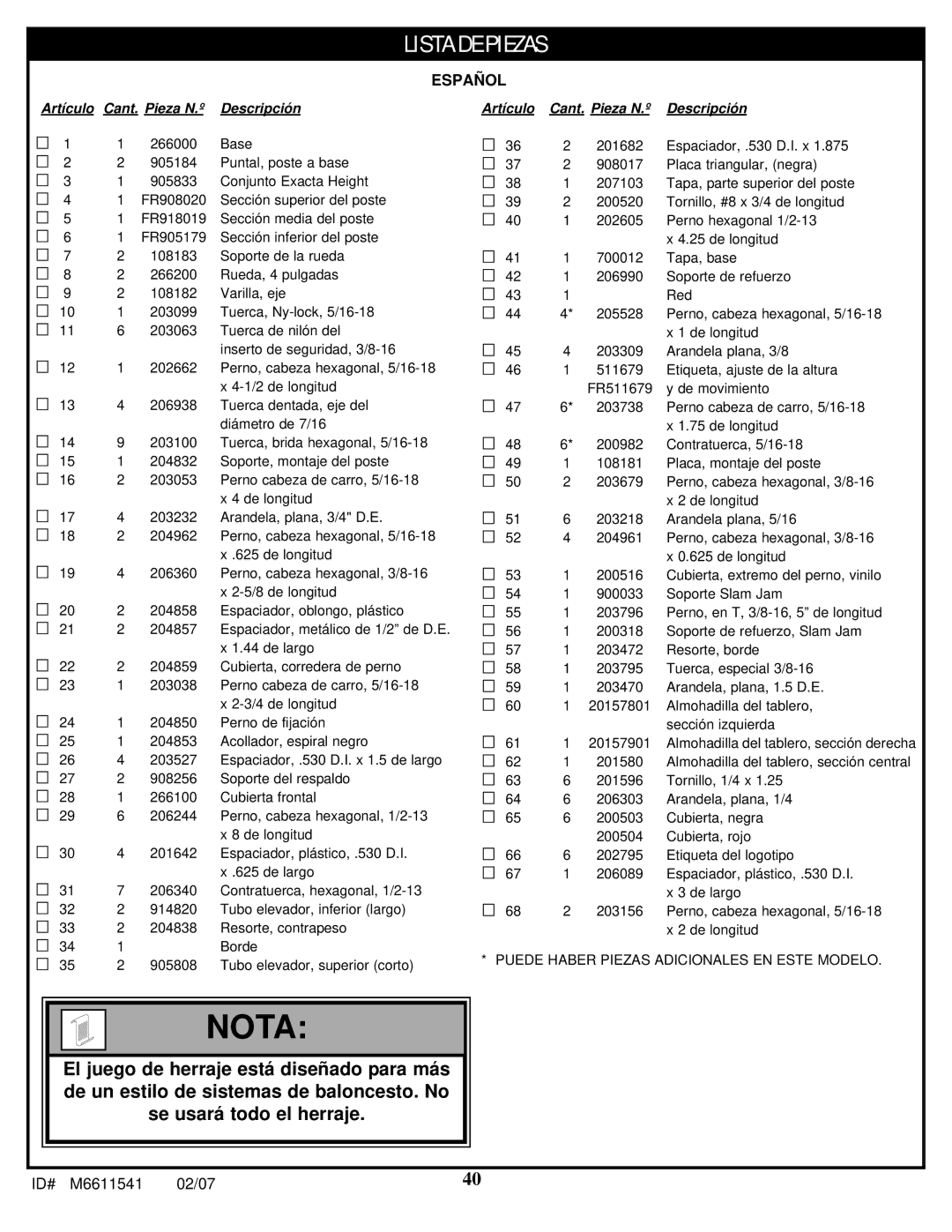 Spalding M86724C manual Nota 