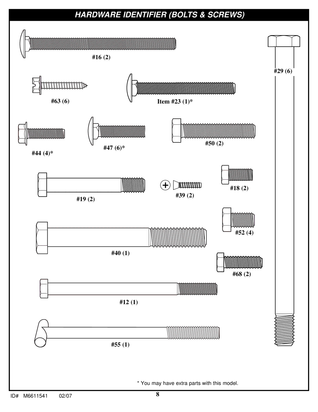 Spalding M86724C manual Hardware Identifier Bolts & Screws 