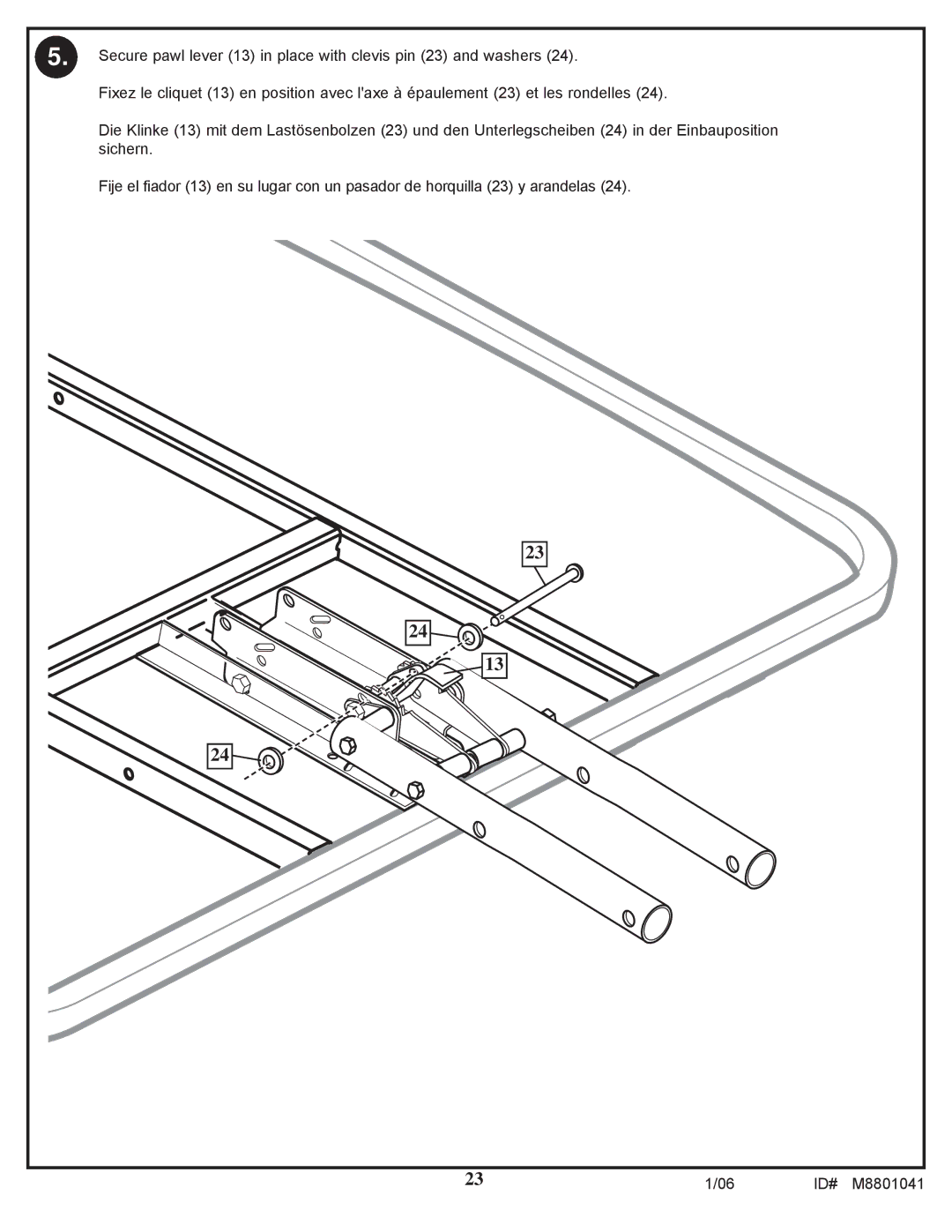 Spalding M8801041 manual Secure pawl lever 13 in place with clevis pin 23 and washers 