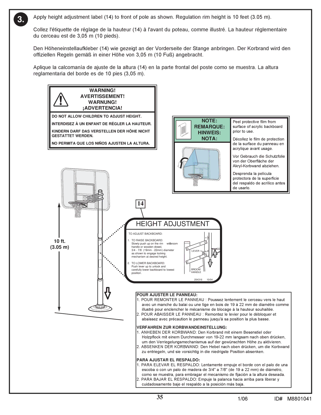 Spalding M8801041 manual Height Adjustment 