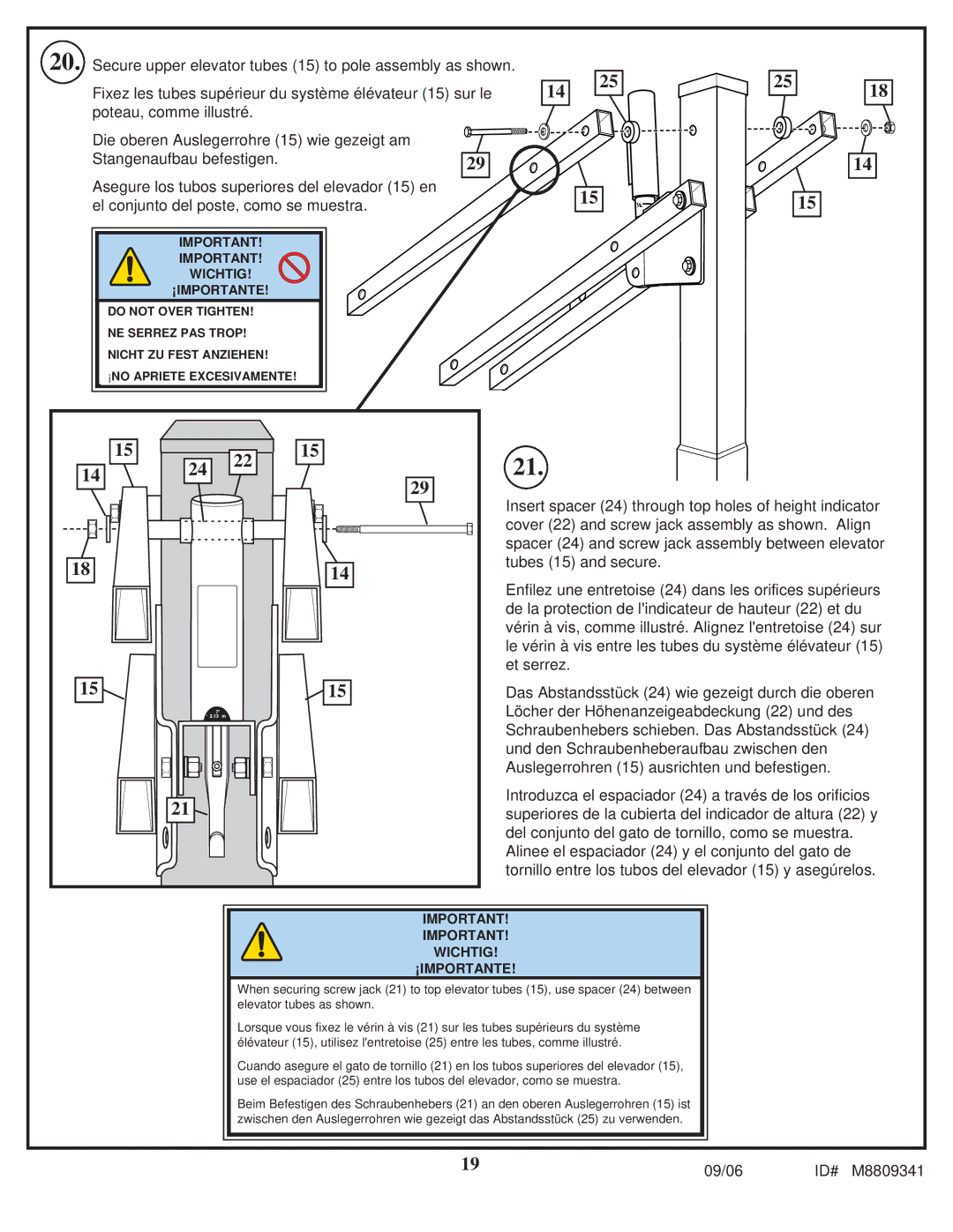 Spalding M8809341 manual Secure upper elevator tubes 15 to pole assembly as shown 