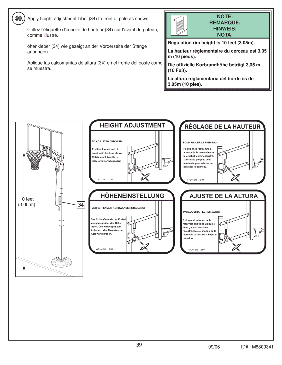 Spalding M8809341 manual Height Adjustment 