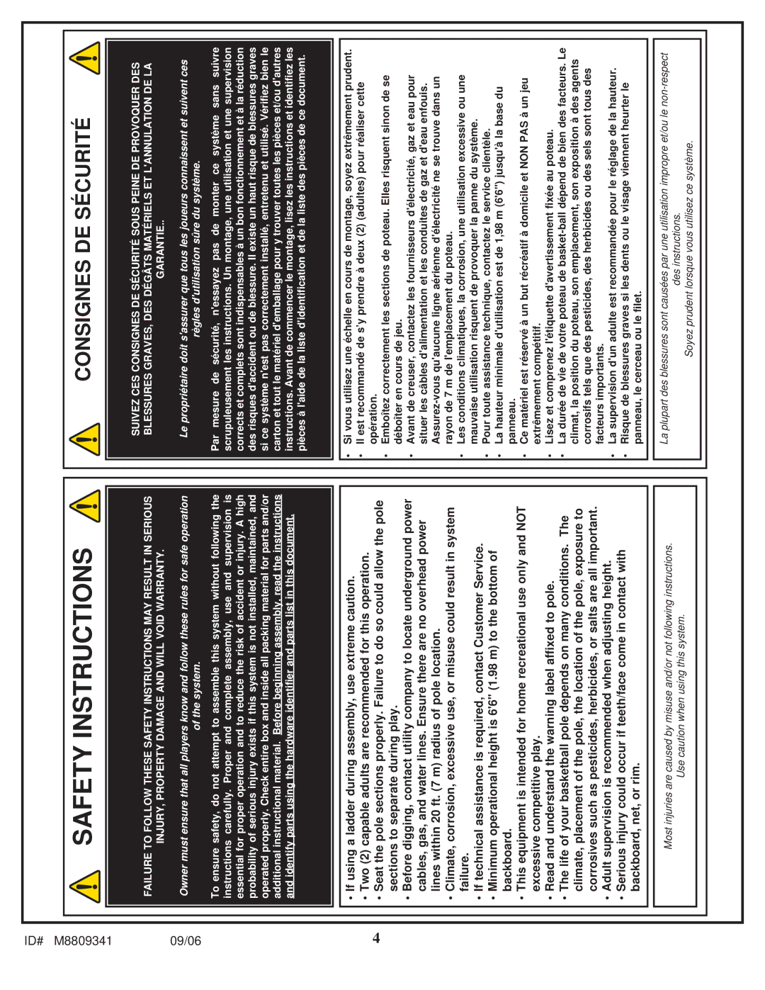 Spalding M8809341 manual Safety Instructions 