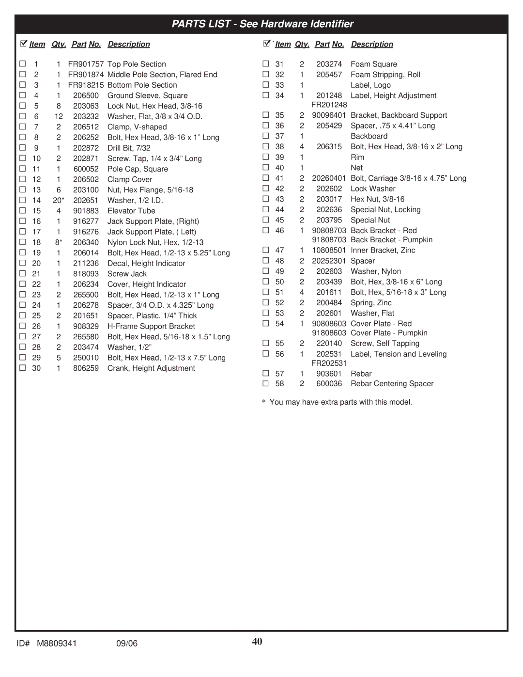 Spalding M8809341 manual Parts List See Hardware Identifier 