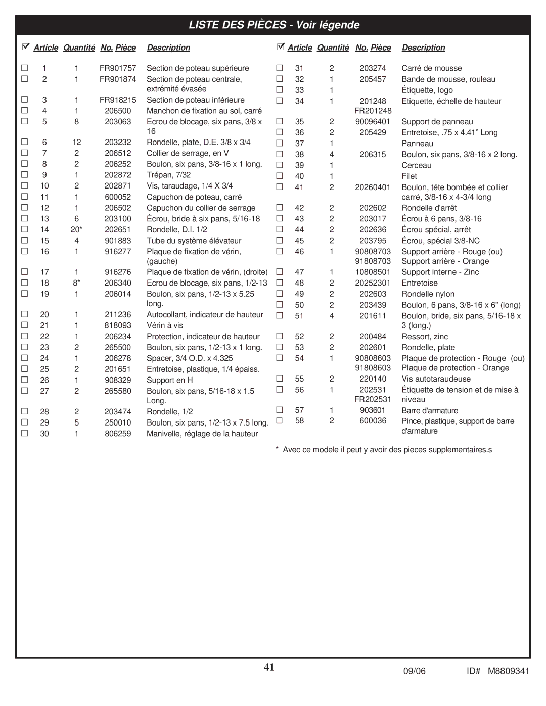 Spalding M8809341 manual Liste DES Pièces Voir légende 