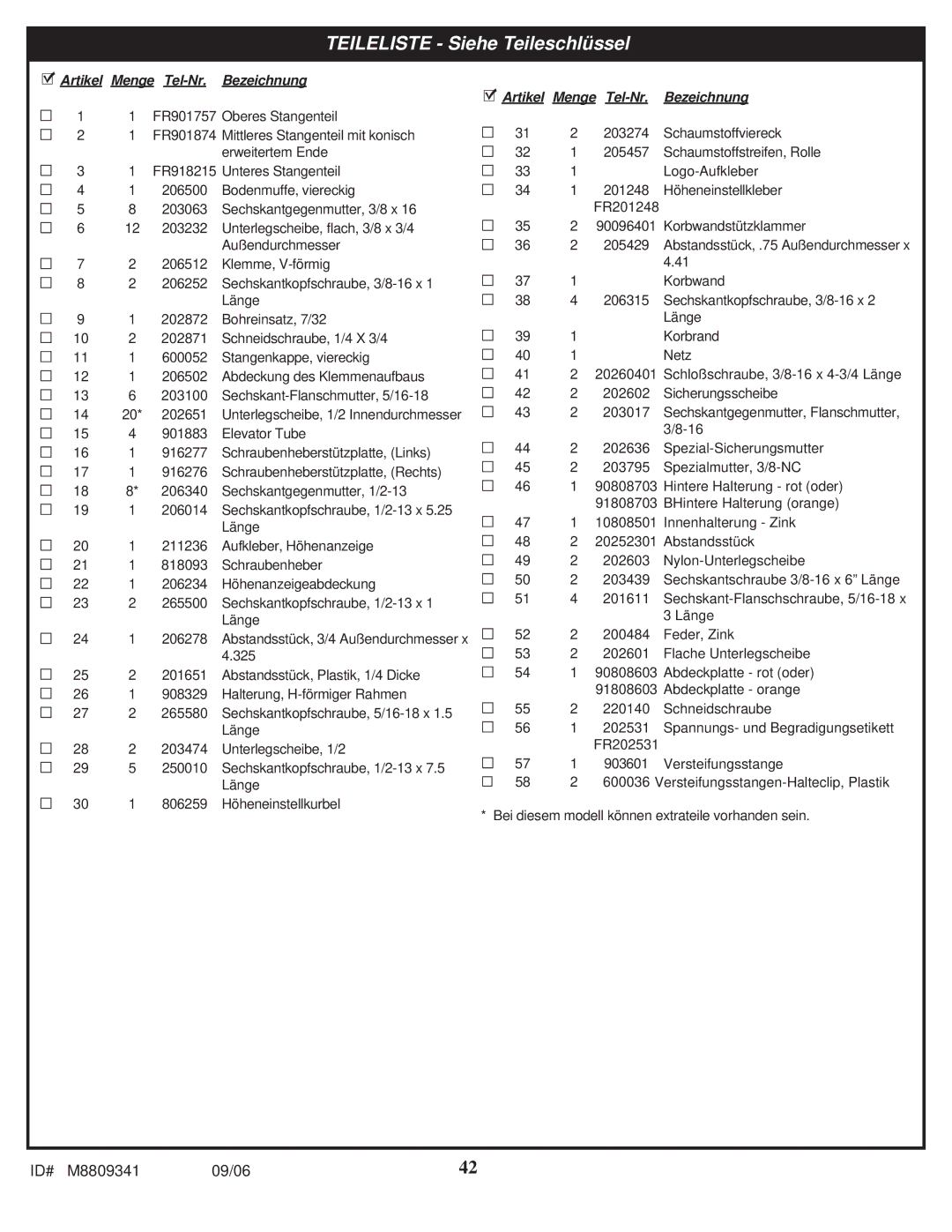 Spalding M8809341 manual Teileliste Siehe Teileschlüssel 