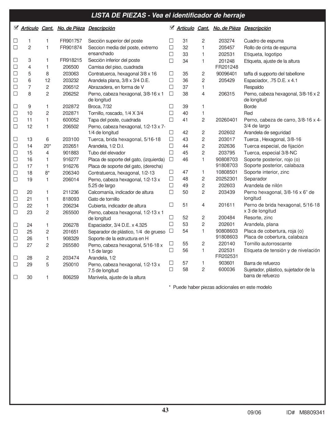 Spalding M8809341 manual Lista DE Piezas Vea el identificador de herraje 