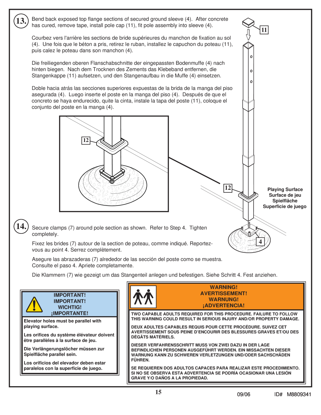 Spalding M8809341 manual Wichtig ¡Importante, Avertissement Warnung ¡Advertencia 