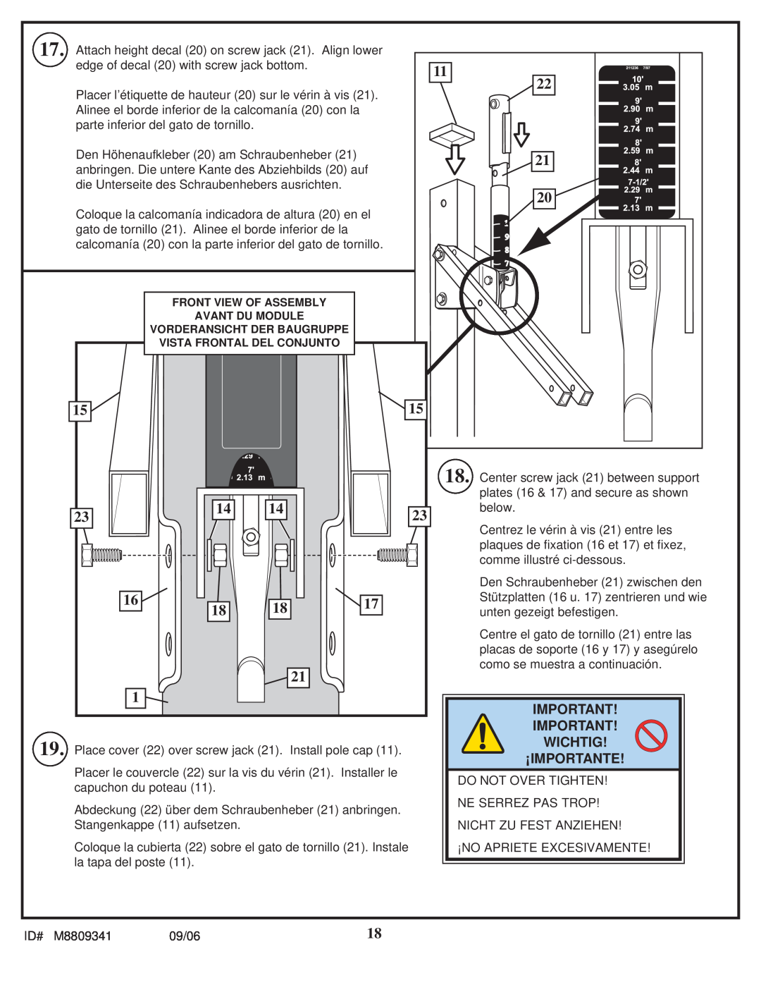 Spalding M8809341 manual Wichtig, ¡Importante, Front View Of Assembly, Avant Du Module, Vorderansicht Der Baugruppe 