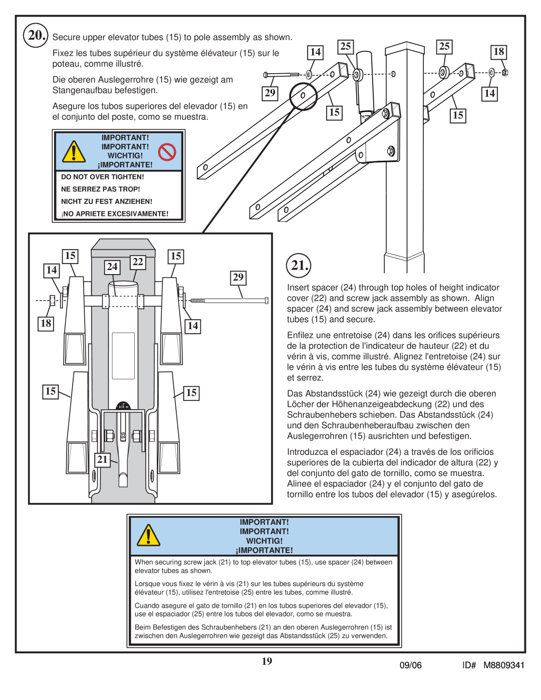Spalding M8809341 manual Fixez les tubes supérieur du système élévateur 15 sur le, poteau, comme illustré 
