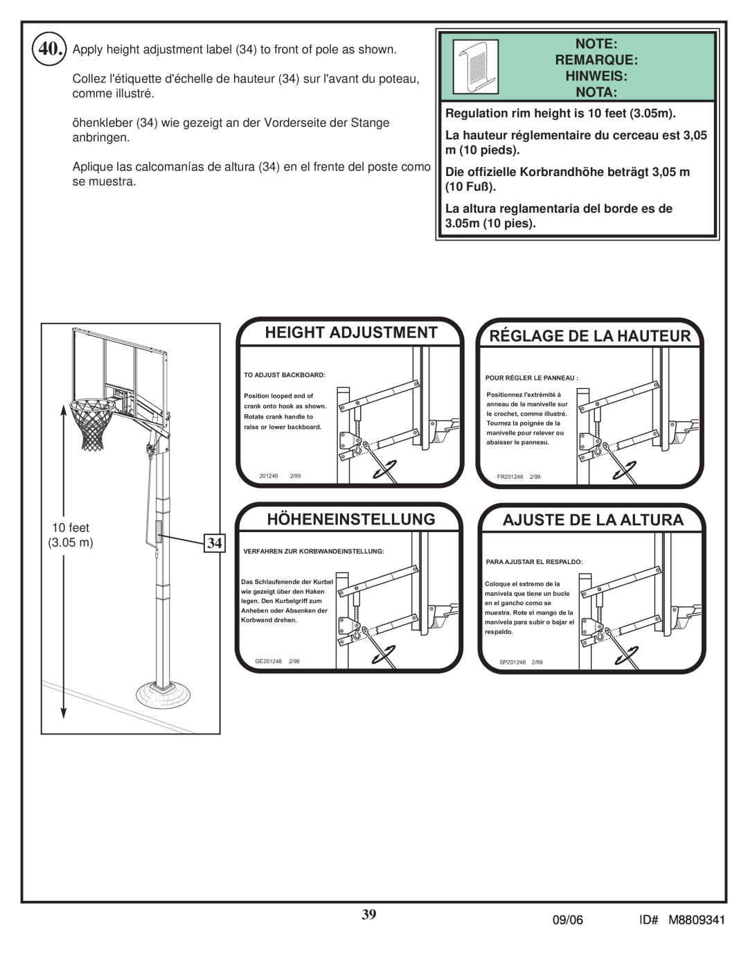 Spalding M8809341 Height Adjustment, Höheneinstellung, Réglage De La Hauteur, Ajuste De La Altura, Remarque Hinweis Nota 