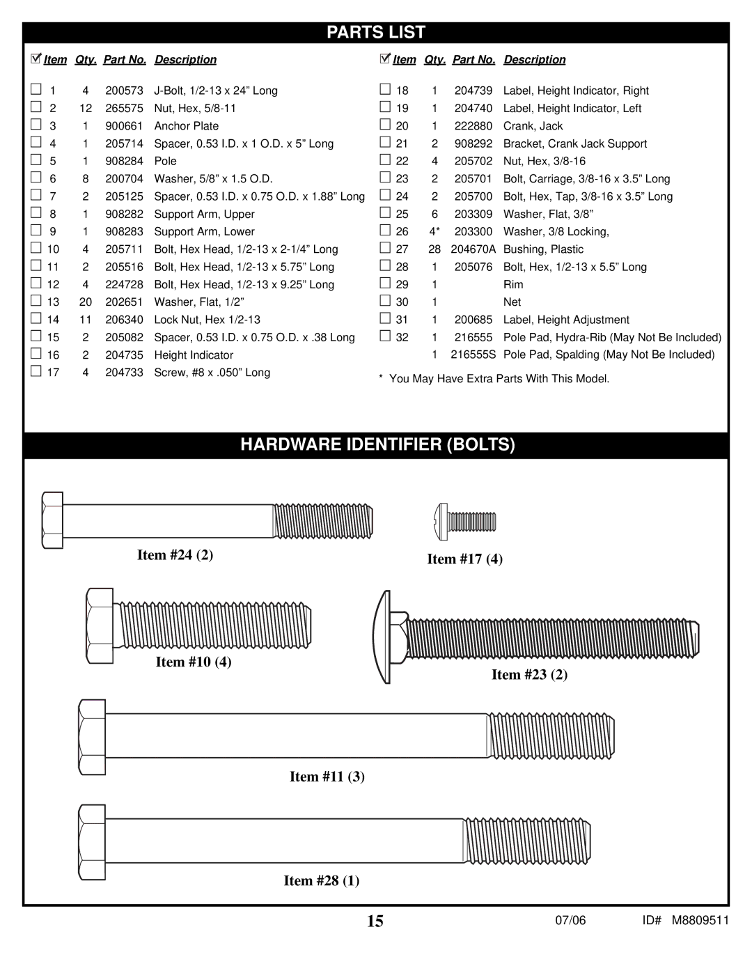 Spalding M8809511 manual Hardware Identifier Bolts 