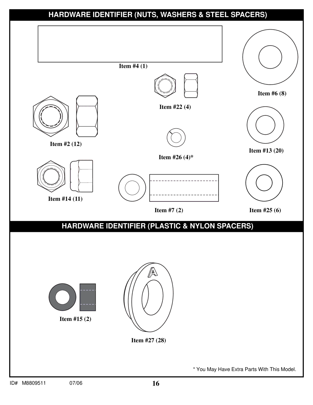 Spalding M8809511 manual Hardware Identifier NUTS, Washers & Steel Spacers 