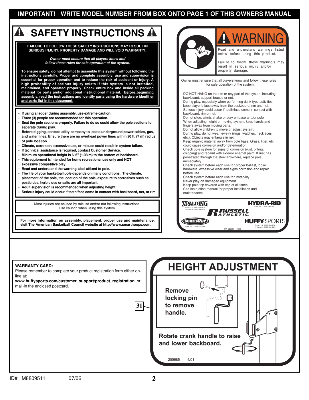 Spalding M8809511 manual Safety Instructions 