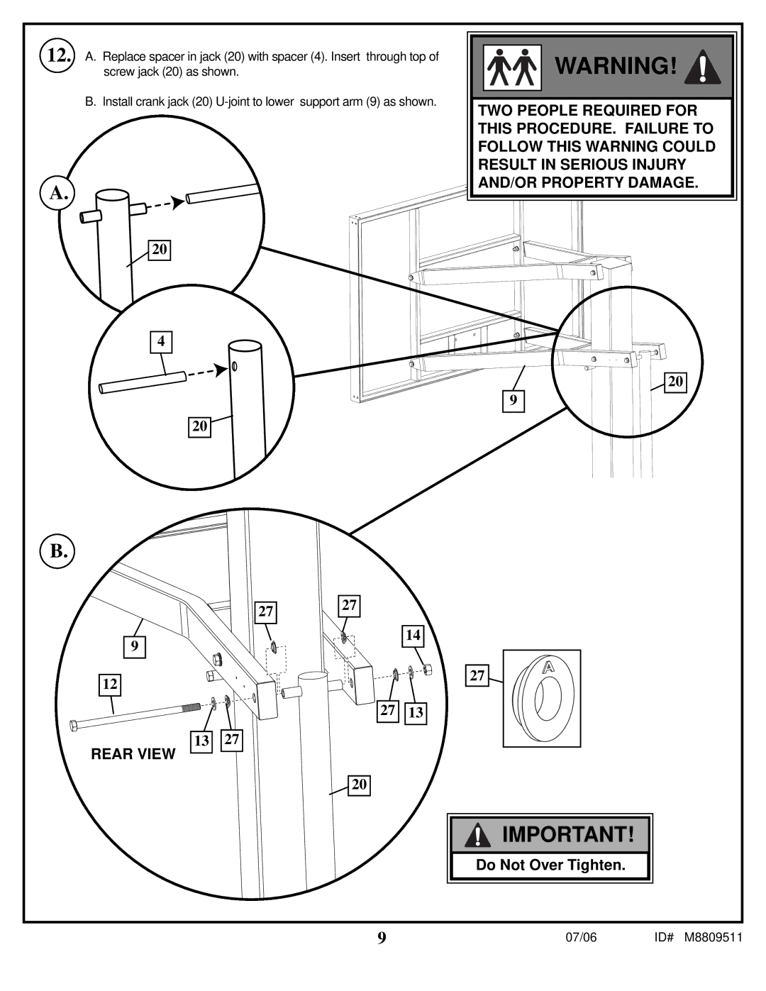 Spalding M8809511 manual Do Not Over Tighten 