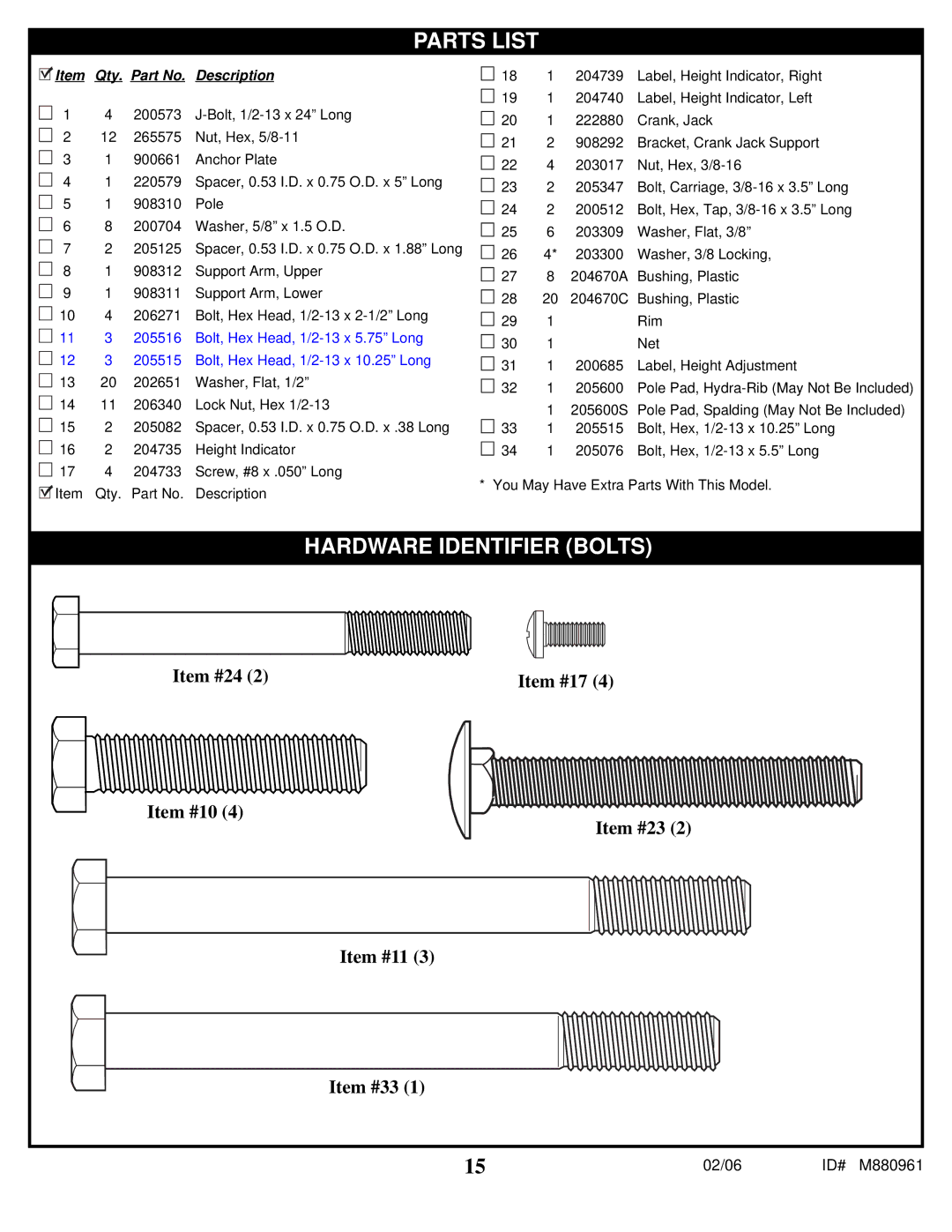 Spalding M880961 manual Hardware Identifier Bolts 