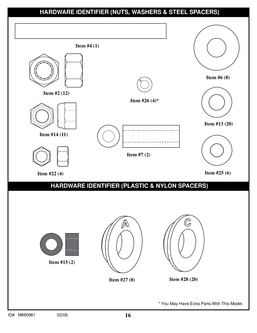 Spalding M880961 manual Hardware Identifier NUTS, Washers & Steel Spacers 