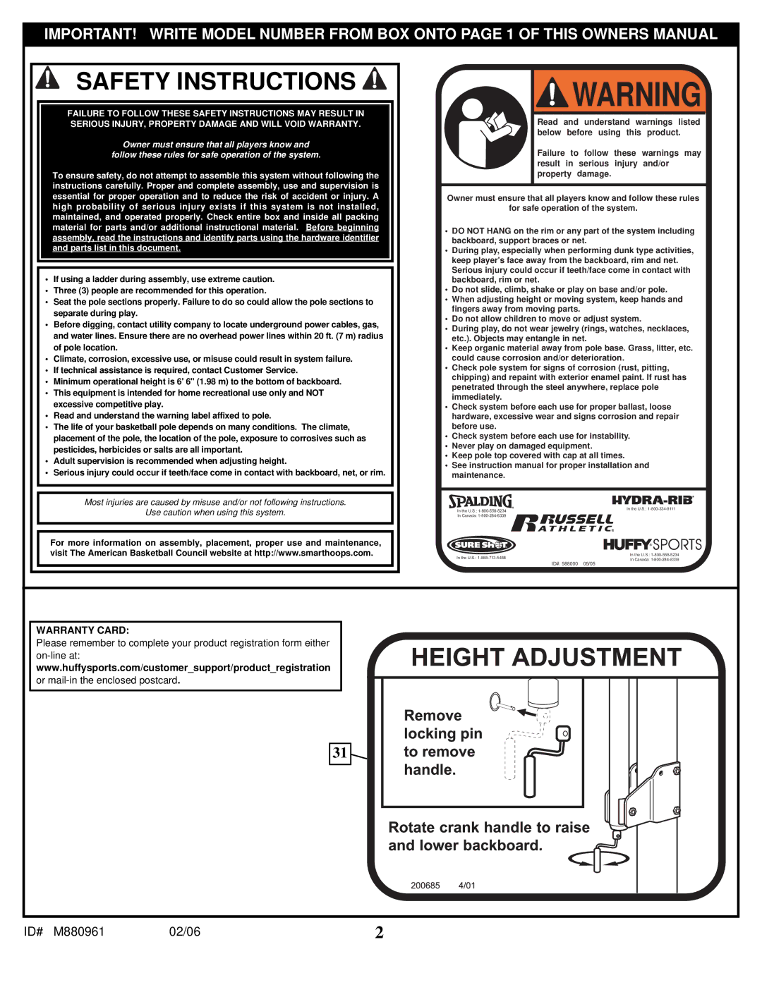 Spalding M880961 manual Safety Instructions 