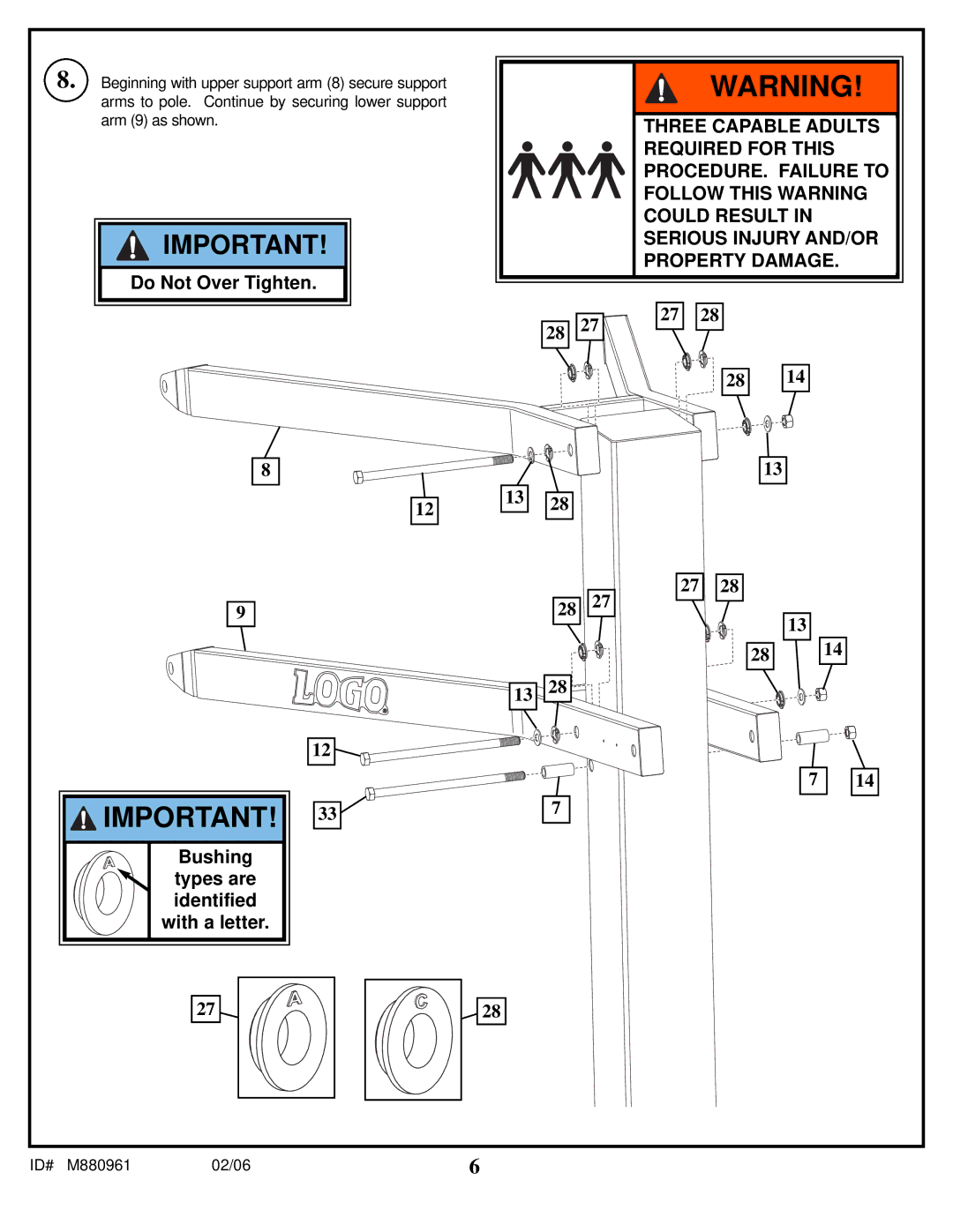 Spalding M880961 manual Do Not Over Tighten 