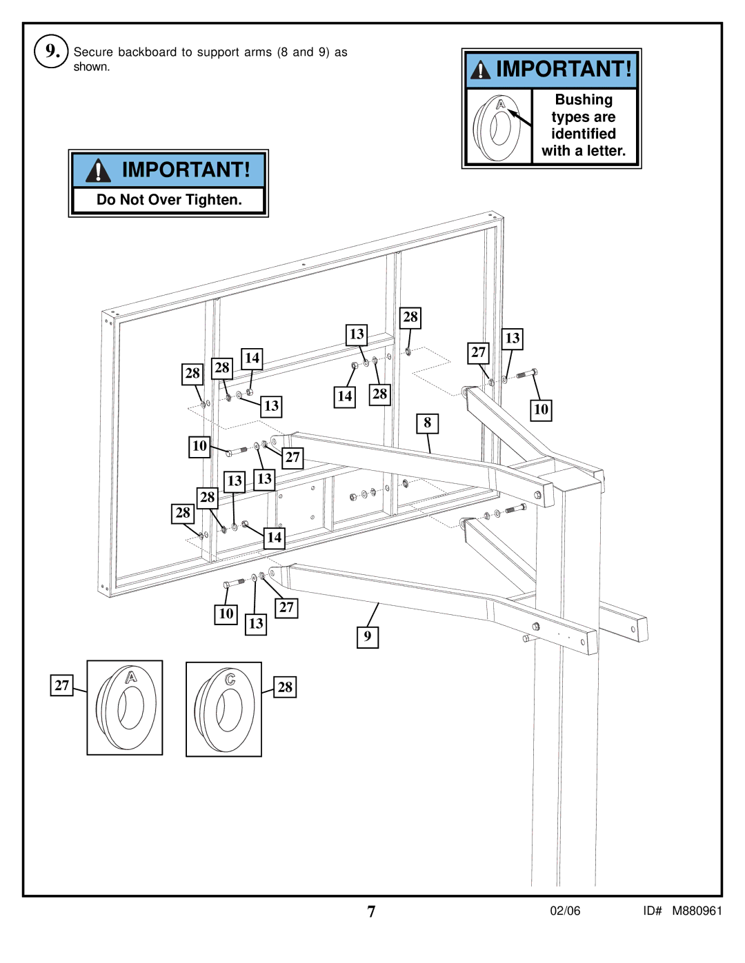 Spalding M880961 manual Secure backboard to support arms 8 and 9 as shown 