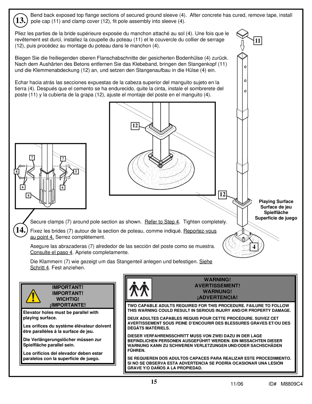 Spalding M8809C4 manual Elevator holes must be parallel with playing surface 