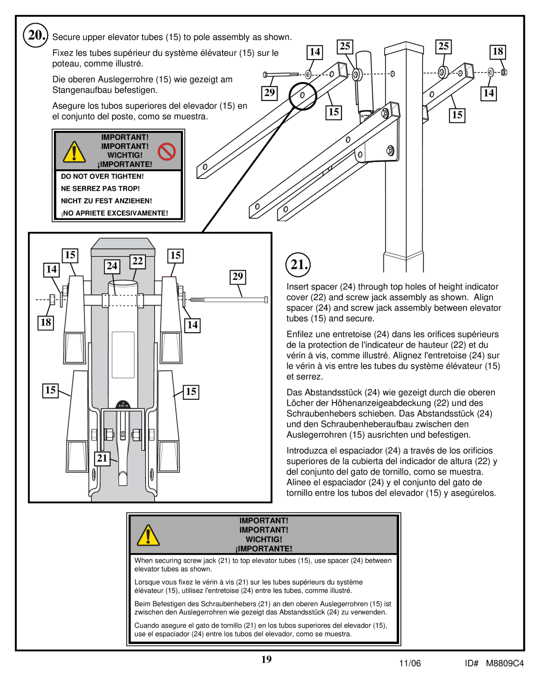 Spalding M8809C4 manual Secure upper elevator tubes 15 to pole assembly as shown 