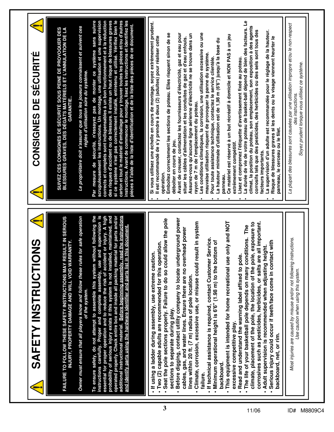 Spalding M8809C4 manual Safety Instructions 